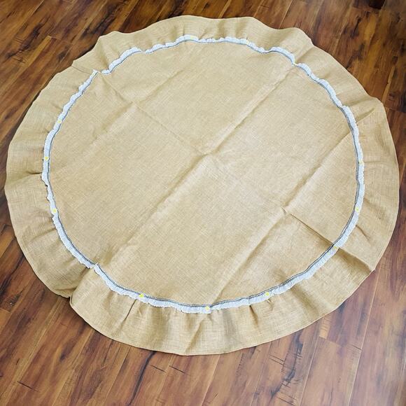72" Round Burlap Tablecloth Natural Jute Ruffle Eyelet Trim Country Park Designs - Picture 1 of 5